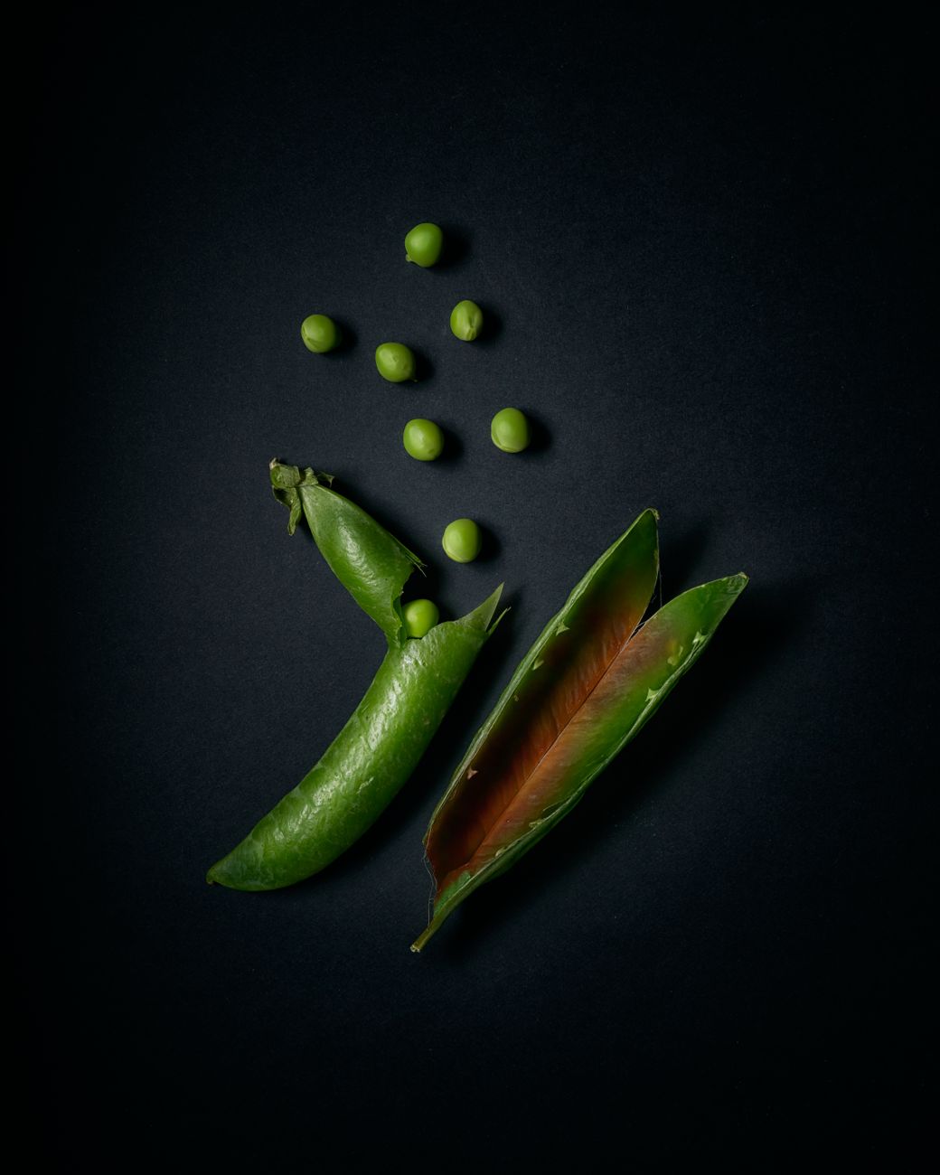 A close-up of fresh green peas arranged on a dark backdrop, highlighting their natural simplicity.